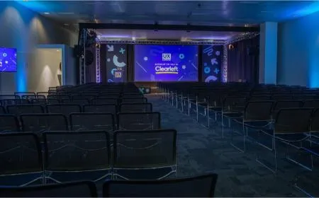 The auditorium CodeNode all decked out for UX London, awaiting the audience.