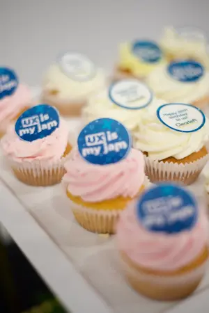 Lines of cupcakes with the message: UX is my jam.